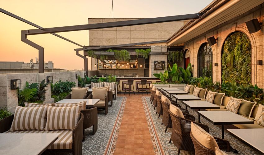 A beautifully decorated hotel patio featuring plants and stylish wicker furniture